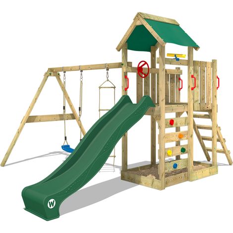 Aire de jeux en bois Wickey MultiFlyer avec balançoire et toboggan 220 cm – Bac à sable intégré – Poteaux en bois massif – Garantie 10 ans
