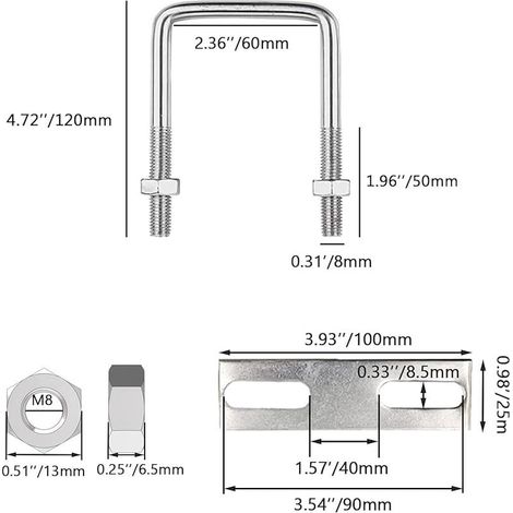 Lot de 4 étriers en U avec filetage, vis en U M8 60 x 120 mm, vis à étrier en acier inoxydable 304, étrier en U avec écrous et plaque de cadre, pour remorquage, voitures et navires, réparation
