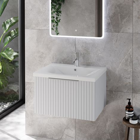 Helix 460 Fluted Satin White 600mm Wall Mounted 1 Drawer Vanity Unit with Glide Basin