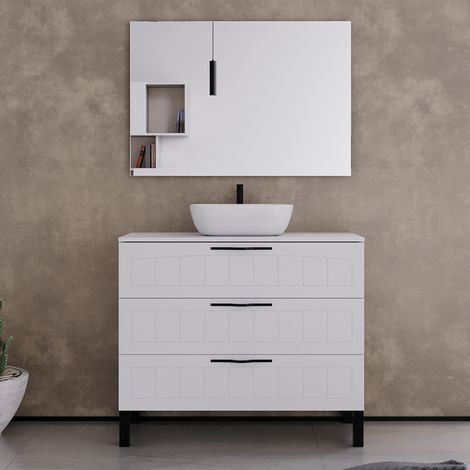 Meuble de salle de bain 100cm avec plateau et vasque à poser ovale - 3 tiroirs - blanc - CALA (1/5)