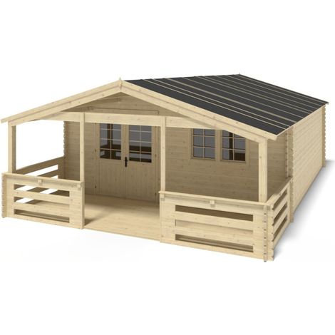 Casetta da giardino in legno con veranda e tettoia - 48m2 - 6x6m - 40mm - colore: naturale - DOM749+DOM553+DOM555+POD04