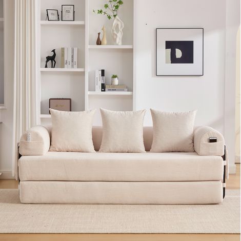 Sofá modular 200/190 cm beige de pana con bolsillo lateral y 3 cojines (1/5)