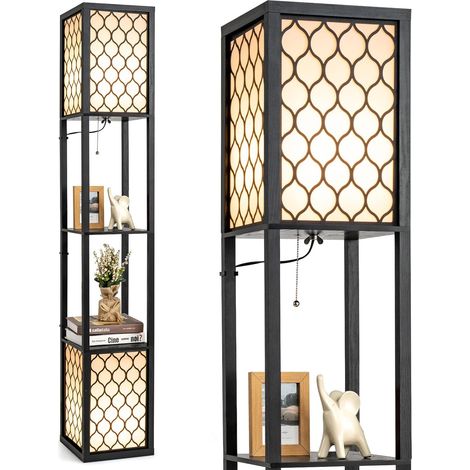 COSTWAY Lampada a Stelo da Terra, Lampada Scaffale con 2 Ripiani di Legno, Luce per Camera da Letto Salone Ufficio, 26 x 26 x 156 cm (1/5)