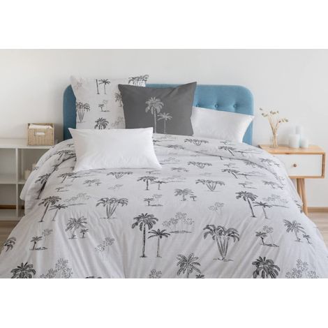 Housse de Couette - 3 Pièces 100% Coton - 57 Fils 2 Personnes - 220x240 cm Blanc ET Gris (1/3)