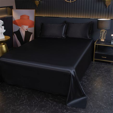 Drap Housse 230x250 cm Noir, Drap de Lit en Glace de Soie Fraîcheur pour Été, Housse de Matelas Lisse et Respirante (1/2)