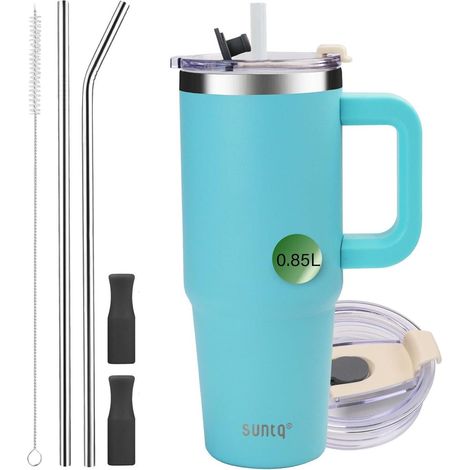 Isolierter Reisebecher 850ml mit Griff, Vakuum-Edelstahl-Kaffeebecher mit Strohhalm und Deckel, Hellblau (1/5)