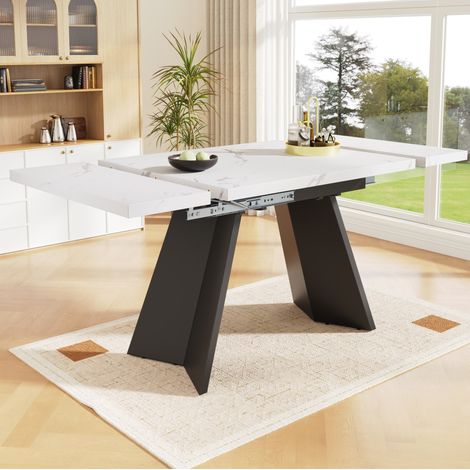 Table à manger extensible MDF blanc effet marbre et métal noir 99-159x74x77 cm (1/5)