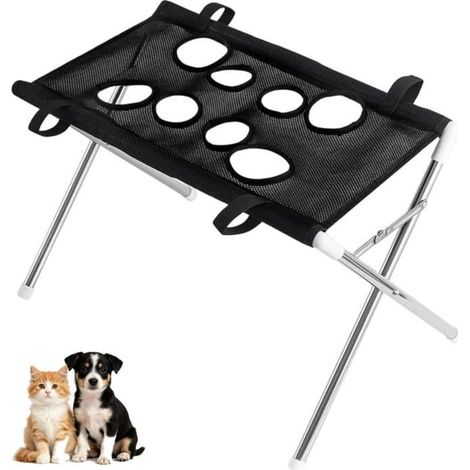 Support de Toilettage pour Animaux 8 Trous avec Cadre Inox et Filet Séchage Rapide Pliable pour Chat Chien Noir (1/5)