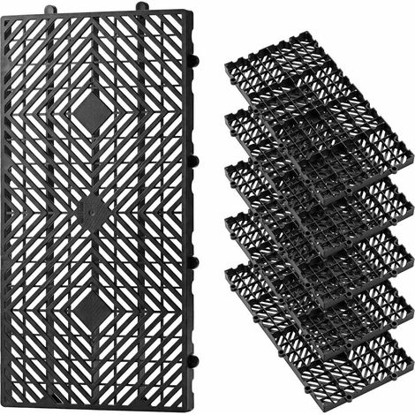 Palettes en plastique, lot de 6, pour stockage en sous-sol, légères, empilables, imperméables, grille aérée, usage intérieur/extérieur, supermarché, entrepôt, 600x300x30 mm, noir. (1/5)