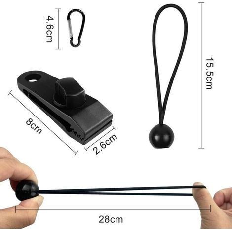 Set mit 12 Planenclips, Outdoor-Planenhalterung mit Segeltuchbefestigung und Gummiseil + D-förmiger Karabiner für Planen, Markisen, Camping, Wohnwagen, Autoabdeckungen (1/4)