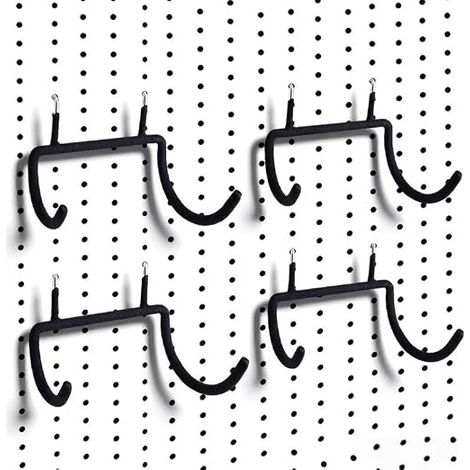 Lot de 4 crochets à outils pour tableau perforé de longueur inégale, noir, double crochet courbé avec revêtement résistant aux rayures, support mural multi-utilitaire, outils de jardin (1/5)