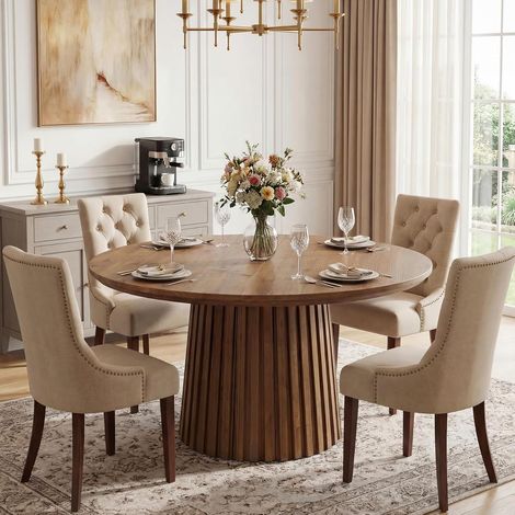 Tribesigns Solid Wood Dining Table for 4-6 People, 47.3'' Round Kitchen Table with Fluted Base, Farmhouse Accent Dining Room Furniture for Home Living Room, Rustic Brown (1/5)