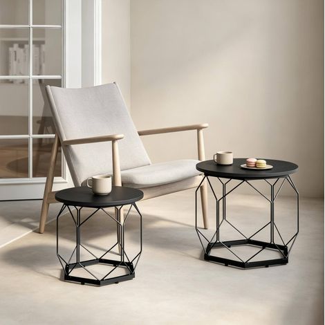 Set de 2 tables basses rondes 50x50x45 cm noires avec rangement, bois E1 et métal MEUBLIV (1/5)