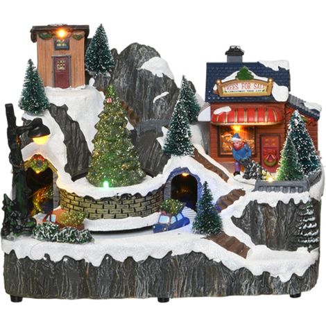 Scena animata a Led Paesaggio di montagna con Negozio Alberi, decorazione da 23 cm