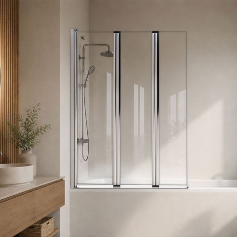 Mampara de ducha para bañera 140 x 140 cm PETRA, 3 paneles plegables, perfiles cromados, cristal templado transparente 6 mm - Moments of Glass
