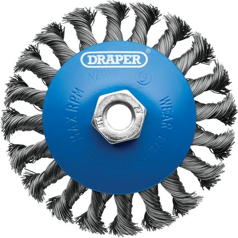Draper Bevelled Steel Twist-Knot Wire Wheel Brush, 115mm Diameter, M14 Thread, Model 08063