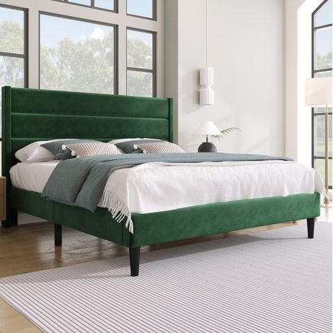 Cama tapizada 140x200 cm, con cabecero acolchado, somier de láminas, terciopelo verde oscuro (1/5)