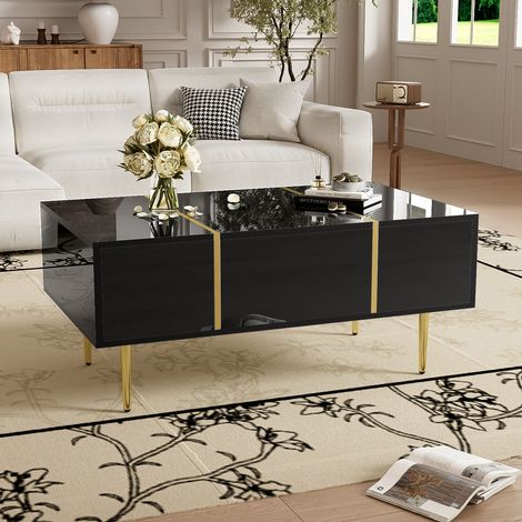 Table basse noire brillante 100 x 60 x 41,5 cm en MDF, 2 tiroirs, détails en métal doré et espace libre de 19,5 cm sous le meuble (1/5)