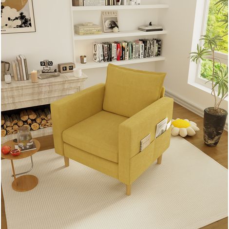 Fauteuil en chenille jaune moutarde 71 x 68 x 82 cm avec accoudoirs, coussin et poche latérale (1/5)