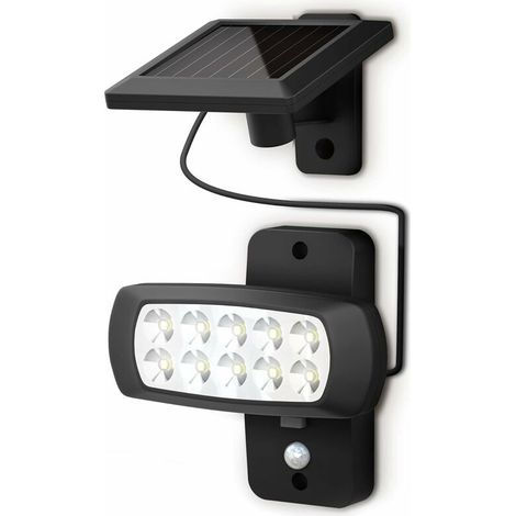 Lampe solaire LED extérieur IP44, détecteur de mouvements PIR, projecteur mural maison terrasse balcon noir, protégé contre des éclaboussures, lumière blanche froide, (1/5)
