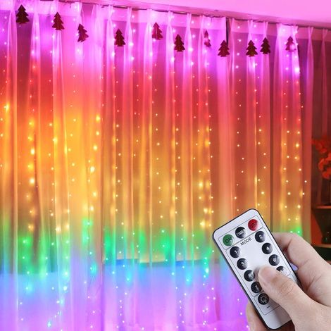 7 Couleurs Guirlandes Fenêtre Lumineuses Rideau 1,5×2M 210 LEDS Lumineuses Coloré 8 Modes d'Eclairage,DC5V USB Télécommande Rideau Lumineux Decoration Intérieur Pour Noël,Mariage,Maison,Patio