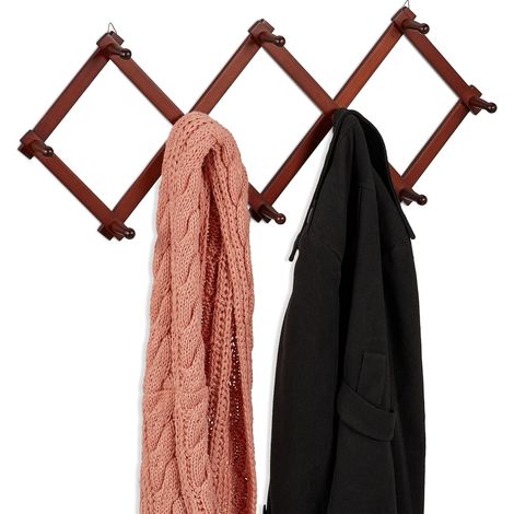 Perchero de madera, almacenamiento ajustable, 10 ganchos, para chaquetas, soporte plegable, ganchos, marrón (1/5)