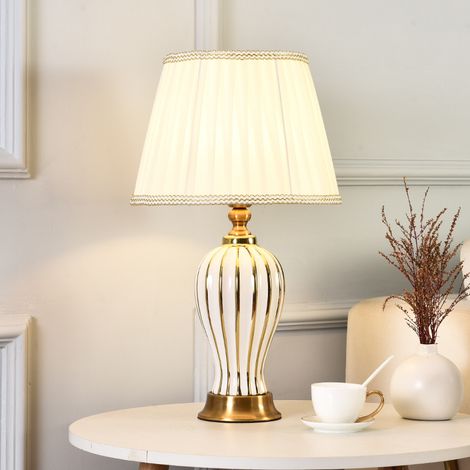 Lampe De Table Moderne E27 RéTro En CéRamique, Veilleuse Blanche En Tissu, éClairage DéCoratif Pour Salon, Chambre à Coucher, Bureau, Lecture, Lampe De Chevet Blanc