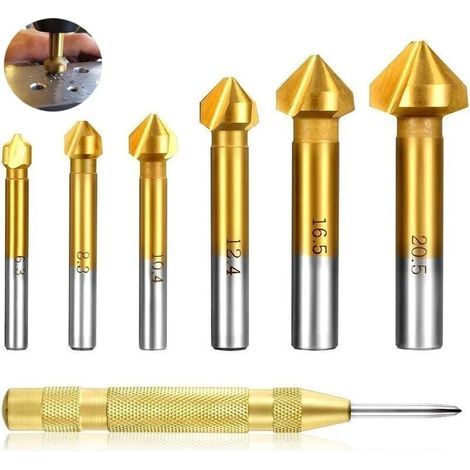 Jeu de 6 fraises à 90°,Fraise pour perceuse, jeu de fraises HSS, revêtements en titane, diamètre 6,3-20,5 mm, foret à fraiser avec 1 paquet de poinçon de centrage automatique en laiton (1/5)