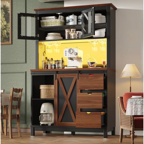REDOM - Credenza alta da cucina 104x40x180 cm, LED con controllo tramite app, porta scorrevole, vetro MDF metallo nero (1/5)