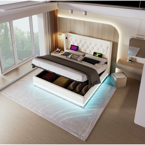Cama con espacio de almacenamiento PU blanco 160x200 cm, cabecero tapizado con USB y USB-C, LED y somier de láminas (1/5)
