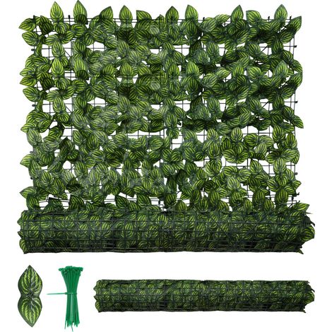 Jiubiaz Haie artificielle 1 x 3 m, brise-vue extensible avec feuilles de pastèque imprimées, clôture décorative pour balcon, terrasse, jardin, avec 100 attaches de 10 cm