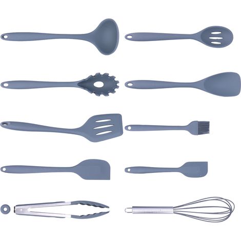 Lot de 10 ustensiles de cuisine en silicone antiadhésifs, spatule, cuillère, fouet à œufs, pinceau, batterie de cuisine gris (1/5)