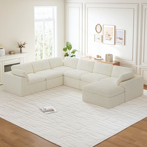 Canapé Panoramique Modulable 7 Places en Tissu Chenille,Canapé Compressé avec Sièges extra profonds de 60cm,Grand Canapé d'Angle 368x286x65 cm,Beige (1/5)