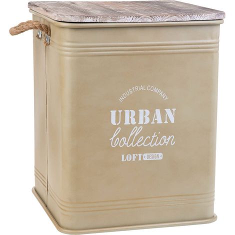 Panier à linge métal avec couvercle bois et poignées corde - beige effet vieilli bois naturel (1/5)