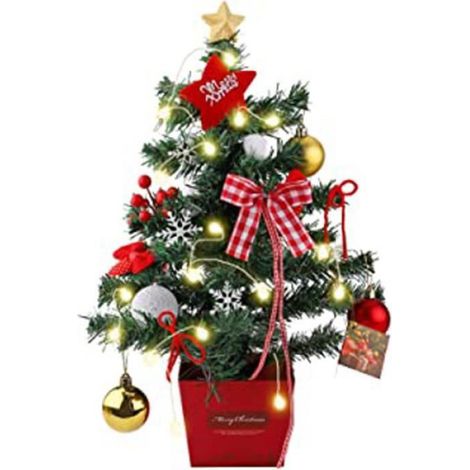 Sapin De Noël - 50 Cm - Avec Lumières Led - Base En Bois - Pour Bureau