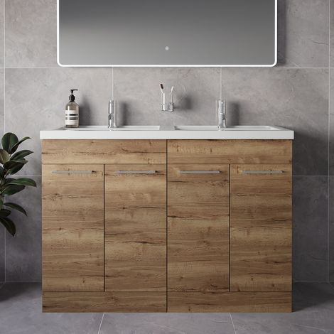 Napoli 390 Tobacco Oak 1200mm 4 Door Vanity Unit with Double Lucia Basins - 1200mm - Chrome 160mm Handle