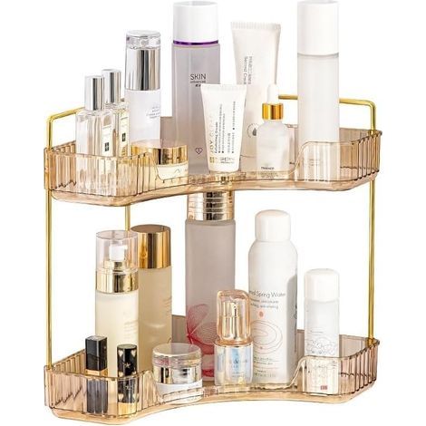 Organiseur d'angle de salle de bain, plateau de courtoisie pour salle de bain, soins de la peau, maquillage, étagère de cosmétiques, articles de toilette, lotions, parfums (2 niveaux, ambre) (1/5)