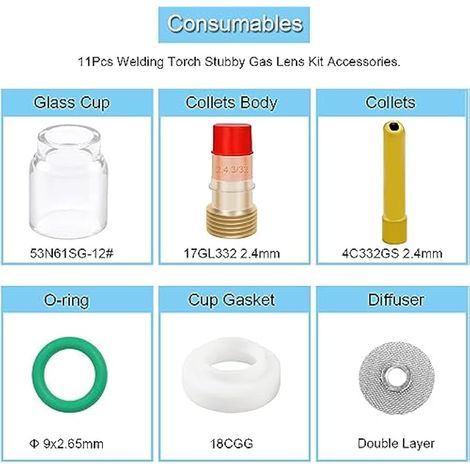 Kit d'accessoires de Torche de soudage pour TIG WP-17/18/26, Tasse en Verre 12, lentille de gaz de Corps de Pinces Courtes pour kit de consommables de Torche de soudage 2,4 mm (11 pièces)