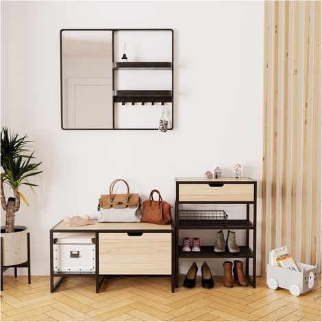 Ensemble meubles d'entrée banc, console et miroir bois et métal