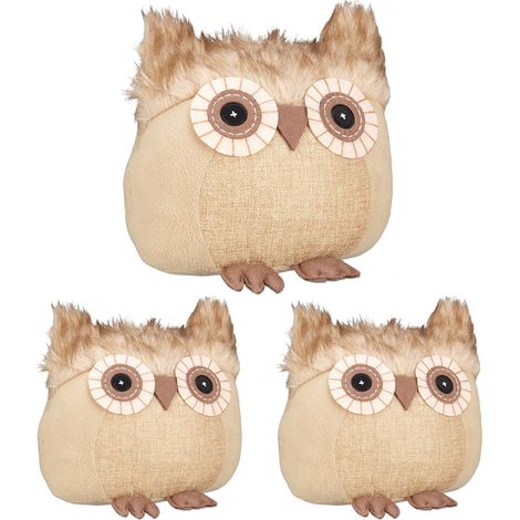 Relaxdays 3x Owl Doorstopper, Decorative Floor Bumper, for Inside, Sand-Filled Fabric Door Stop, 21 x 22 x 19 cm, Brown