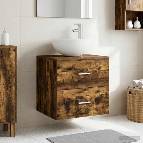Meuble salle de bain suspendu avec lavabo, 2 tiroirs, chêne fumé, 49,5 x 41 x 64,5 cm - PANGIVO (1/5)