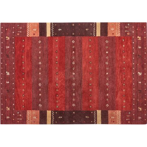 Alfombra gabbeh de lana rojo oscuro naranja amarillo 160 x 230 cm pelo denso Sinanli (1/4)