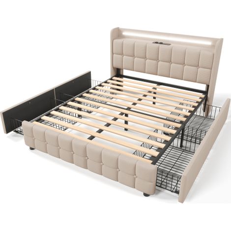 Lit rembourré 140x200cm beige USB LED 4 tiroirs sommier bois (1/5)