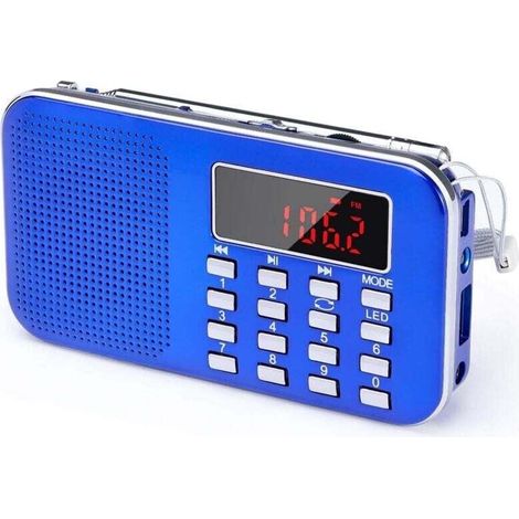 J-908 Poste Radio Portable AM/FM, Petite Radio Portable Rechargeable avec Batterie Rechargeable de 1200mAh, TransistorRadio avec éClairage de Secours, Mini USB/SD/AUX (Bleu) (1/4)