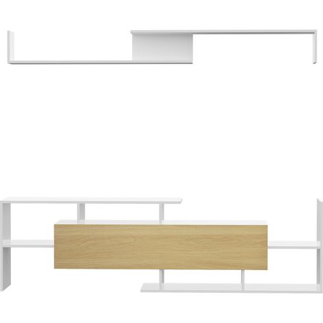 Modernes TV-Möbel mit Sitzbank und Wandregal, 153,6 cm breit – weiß und naturfarbenes Holz