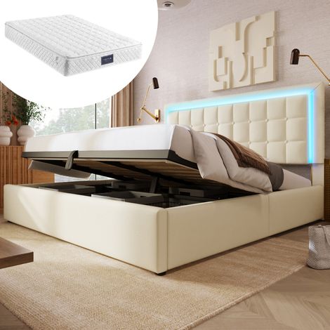 FLORAGRACE Lit adulte 140x200 cm en PU blanc avec rangement, LED et matelas inclus, lit capitonné (1/5)
