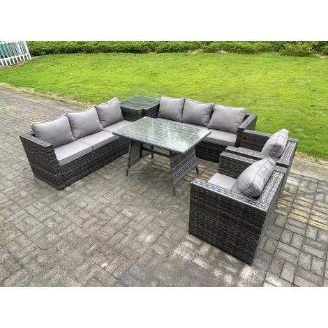 Fimous Rattan Outdoor Furniture Sofa Garden Dining Set with Patio Dining Table 2 Armchairs Side Table 8 Seater Dark Grey Mixed (1/5)
