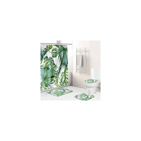 Rideau de douche avec plantes vertes tropicales, tapis de bain, paysage de feuilles de fleurs, antidérapant, couverture de toilette, ensemble de décoration de salle de bain - 180x200cm