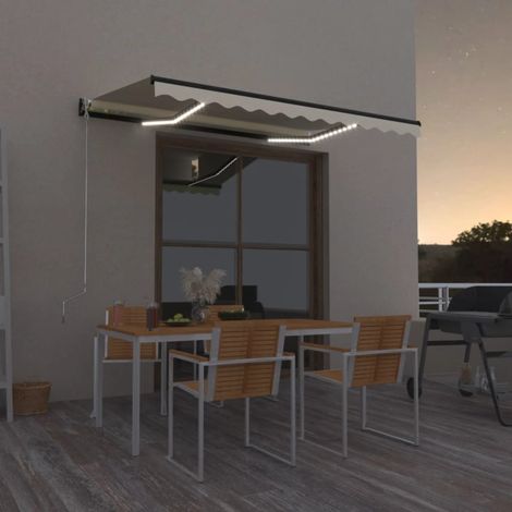 Auvent manuel rétractable avec LED,Marquise Anti-UV,Auvent facile à assembler 350x250 cm Jaune et blanc -FR21777 (1/5)
