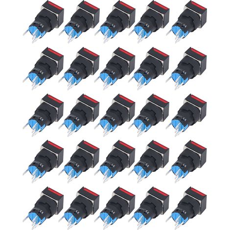 Kit de 25 interrupteurs à bouton-poussoir momentanés autobloquants carrés de 16 mm avec voyant lumineux 12VRed